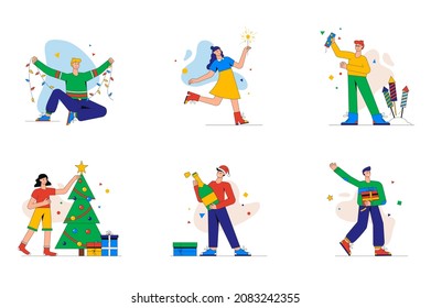 Christmas celebration set of mini concept or icons. People decorate tree with toys, light sparklers and fireworks, drink and give gift, modern person scene. Vector illustration in flat design for web
