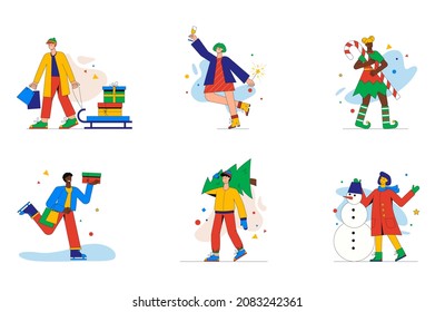 Christmas celebration set of mini concept or icons. People buy and give gifts, drink champagne, dress up in elf costume, make snowman, modern person scene. Vector illustration in flat design for web