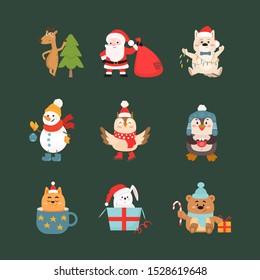 Christmas celebration symbols and animals vector illustrations set. Traditional Xmas characters, Santa Claus and snowman. Cute cartoon cat, bunny, penguin and owl wearing red warm hats