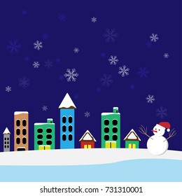 Christmas celebration theme with house and snowman with snowflakes, vector