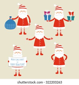 Christmas celebration time picture. Set of five Santa Claus. Santa Claus holding Christmas gifts. Santa Claus holding a poster with the inscription Merry Christmas and Happy New Year! Vector.

