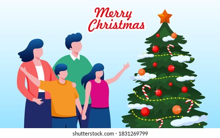 Christmas celebration together with family on winter december. Decorate with christmas tree and giftbox. flat vector illustration for banners, flyers and landing page  