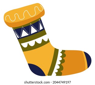 Christmas celebration, traditional sock with ornaments and decorative geometric elements for presents and gifts. New year and xmas winter holidays, knitwear design. Vector in flat style illustration