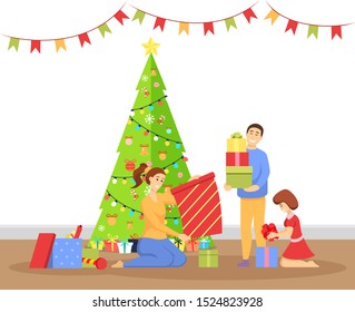 Christmas celebration vector, father and mother with kids unpacking gifts. Pine tree with baubles and garlands decoration. Flag hanging by ceiling. Man and woman with child holding present flat style