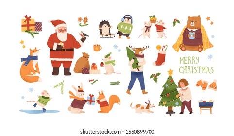 Christmas celebration vector illustrations set. Cute animals with New Year gifts isolated characters. Santa Claus, girl decorating christmas tree. Traditional winter holiday symbols bundle.