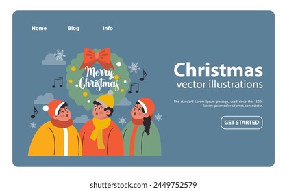 Christmas celebration web banner or landing page. Cheerful family members wearing outwear caroling or singing Christmas songs. Mother, father and son holding lyrics books. Flat vector illustration