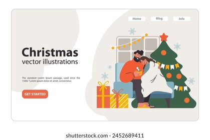 Christmas celebration web banner or landing page. Cheerful family members, couple cuddling on the couch. People spending time together on winter holidays. Festive tradition. Flat vector illustration