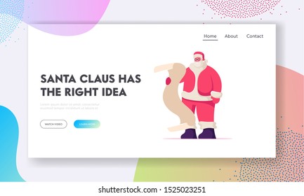 Christmas Celebration Website Landing Page. Cute Santa Claus in Traditional Costume, Eyeglasses and Hat Holding Long Wish List Reading Paper Letter Web Page Banner. Cartoon Flat Vector Illustration