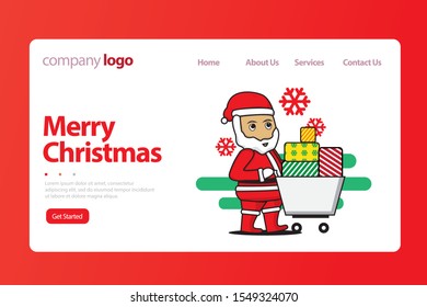 Christmas Celebration Website Landing Page. Cute Santa Claus in Traditional Costume, Eyeglasses and Hat Holding Long Wish List Reading Paper Letter Web Page Banner. Cartoon Flat Vector Illustration