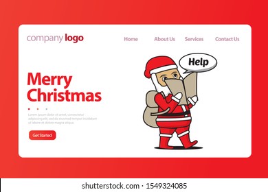 Christmas Celebration Website Landing Page. Cute Santa Claus in Traditional Costume, Eyeglasses and Hat Holding Long Wish List Reading Paper Letter Web Page Banner. Cartoon Flat Vector Illustration