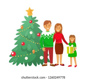 Christmas celebration winter holiday people at home vector. Pine tree plant with baubles and star, shining garlands and family mother and father couple