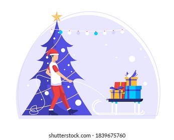 Christmas celebration in winter. Men collect Gifts in preparation for Christmas. flat vector illustration.