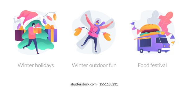 Christmas celebration, wintertime active recreation, fast food party icons set. Winter holidays, winter outdoor fun, food festival metaphors. Vector isolated concept metaphor illustrations