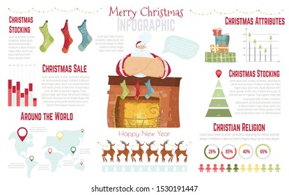 Christmas Celebration in World, Christian Religion Statistics, Holiday Sale Cartoon Vector Infographics Elements Set. Diagrams, Graphs, Reindeer, Santa Claus near Fireplace with Stockings Illustration