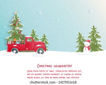 Christmas celebrations with cute Christmas car for Christmas card in paper cut style. Vector illustration