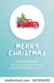 Christmas celebrations with cute car with gift boxes for Christmas card in paper cut style. Vector illustration

