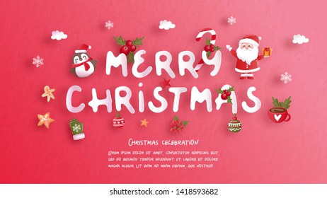 Christmas celebrations with cute Santa for Christmas card in paper cut style. Vector illustration