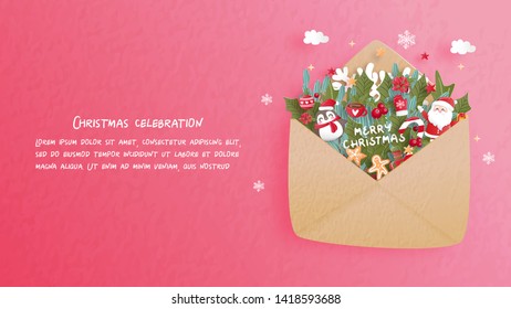 Christmas celebrations with cute Santa for Christmas card in paper cut style. Vector illustration