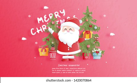 Christmas celebrations with cute Santa for Christmas card in paper cut style. Vector illustration