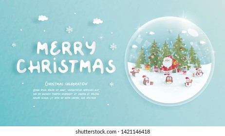 Christmas celebrations with cute Santa for Christmas card in paper cut style. Vector illustration