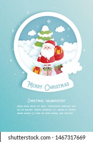 Christmas celebrations with cute Santa for Christmas card in paper cut style. Vector illustration 
