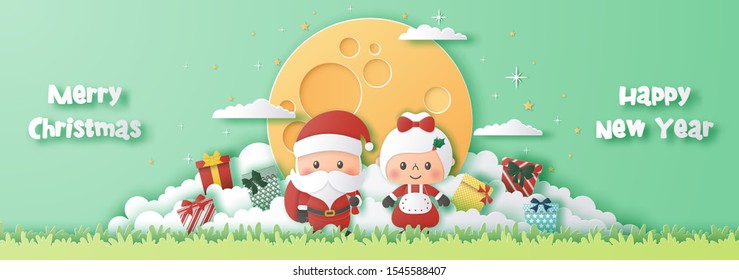 Christmas celebrations with cute Santa and girlfriend in paper cut style,Vector illustration