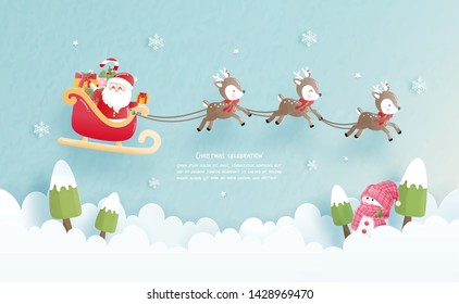 Christmas celebrations with cute Santa and reindeer for Christmas card in paper cut style. Vector illustration