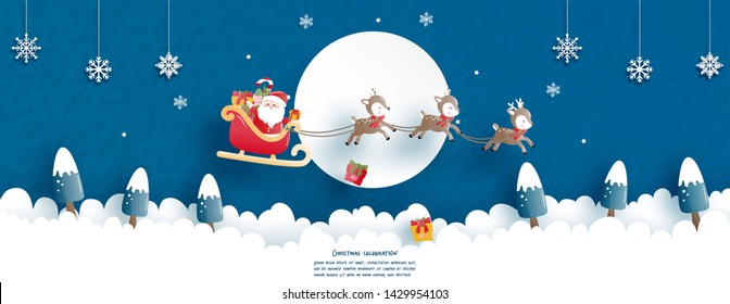 Christmas celebrations with cute Santa and reindeer for Christmas card in paper cut style. Vector illustration
