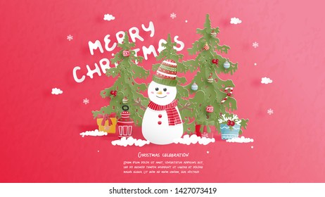 Christmas celebrations with cute Snowman for Christmas card in paper cut style. Vector illustration