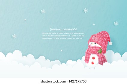 Christmas celebrations with cute Snowman for Christmas card in paper cut style. Vector illustration