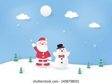 Christmas celebrations, Happy New Year, Santa Claus and snowman, Paper art, Cut style, Craft vector design