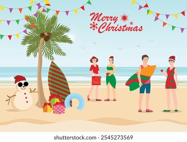 Celebrações de Natal na praia.Pessoas comemorando o Natal no verão, eles estão festejando na praia e trocando presentes.ilustração vetorial.