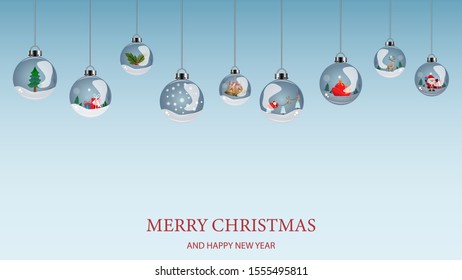 Christmas celebrations with christmas ornament hanging on blue background - Vector illustration.