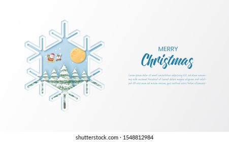 Christmas celebrations with santa claus and reindeers flying in gretting card for Christmas card,Paper cut and craft style