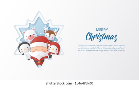 Christmas celebrations with santa and cute animals in the snow forest for Christmas card. Paper cut and craft style