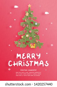 Christmas celebrations with Christmas tree for Christmas card in paper cut style. Vector illustration 