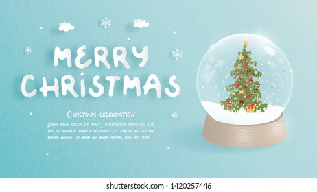 Christmas celebrations with Christmas tree in a snow globe for Christmas card in paper cut style. Vector illustration