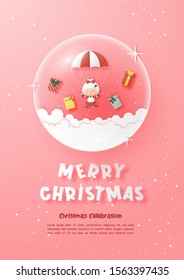 Christmas celebrations with wife santa make a parachute jump for christmas card in paper cut style,Vector illustration