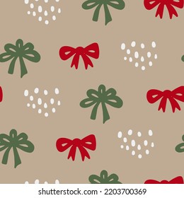 Christmas celebratory vector seamless pattern with bows. Simple hand drawn Xmas seamless background with repeat illustration of simple bow and dots