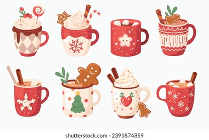 Christmas ceramic cups and porcelain mugs with festive pattern and homemade hot warming drinks set. Cozy sweet food and drinks for wintertime holidays vector illustration. Traditional seasonal treats