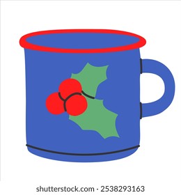 Christmas ceramic tea mug in doodle style. Jewelry design element vector. Cute holiday tableware mug symbol with holly berry isolated on white background.Vector illustration EPS10.