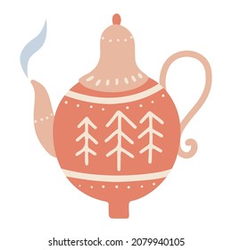 Christmas Ceramic teapot . Cute tea kettle in retro style. Hand drawn kitchen crockery. Graphic textured teakettle isolated element. Vector flat hand drawn Illustration. Only 5 colors,Easy to recolor.