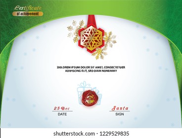 Christmas certificate. Green border and snowflake emblem, Gold portrait of Santa on the red wafer. Bright Xmas background