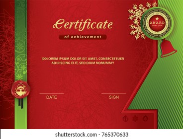 Christmas certificate. Red green gold Christmas background