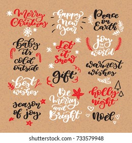 Christmas chalk lettering vector set on craft. Isolated handwriting calligraphy xmas and new year quotes. Modern winter design elements for holiday greeting card, gift tag, label, sticker, banner