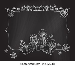 Christmas chalkboard background. Festive hand-drawn design. Ornate frame, snowflakes and gifts.