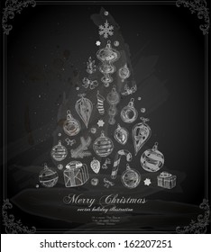 Christmas Chalkboard Vector Illustration. Xmas Decorations. Christmas Tree. Vector.