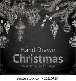 Christmas Chalkboard Vector Illustration. Xmas Decorations. Christmas Tree. Vector.