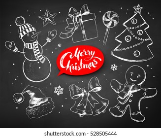 Christmas chalked line art vector set with festive objects and lettering banner on blackboard background