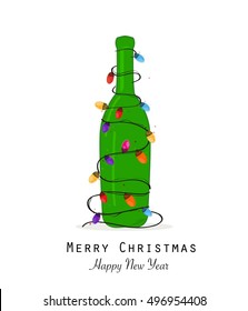 Christmas champagne bottle with colorful christmas light bulb vector greeting card vector